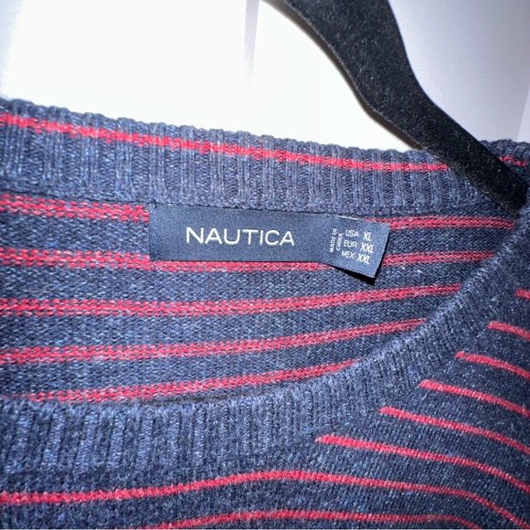 Nautica Crewneck Sweater Blue and Red Stripes - Picture 3 of 7
